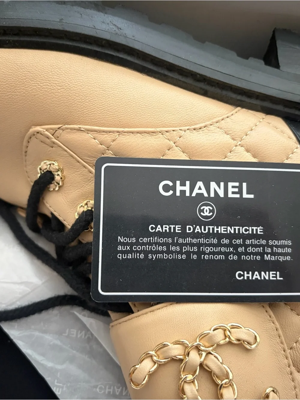CHANEL Beige Quilted Lace-Up Ankle Boots with Black Cap Toe